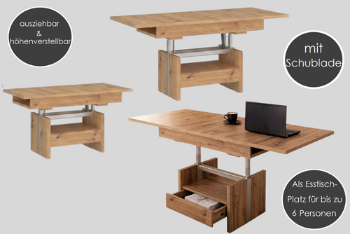 Design Couchtisch WM-1 höhenverstellbar ausziehbar Esstisch Schublade