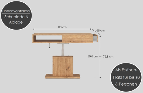 Design Couchtisch WM-3 stufenlos höhenverstellbar Esstisch Schublade Ablage