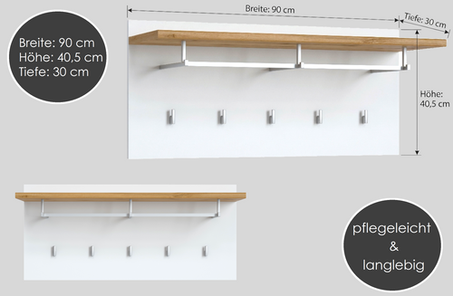 Design Garderobenpaneel mit 8 Kleiderhaken 90 x 40 cm Wandgarderobe Garderobe Hakenpaneel Hakenleiste Wandhaken Garderobenleiste