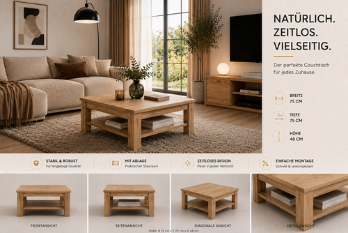 Design Couchtisch WM-11 Eiche San Remo 75x48x75cm Wohnzimmertisch Tisch Ablage Sofatisch