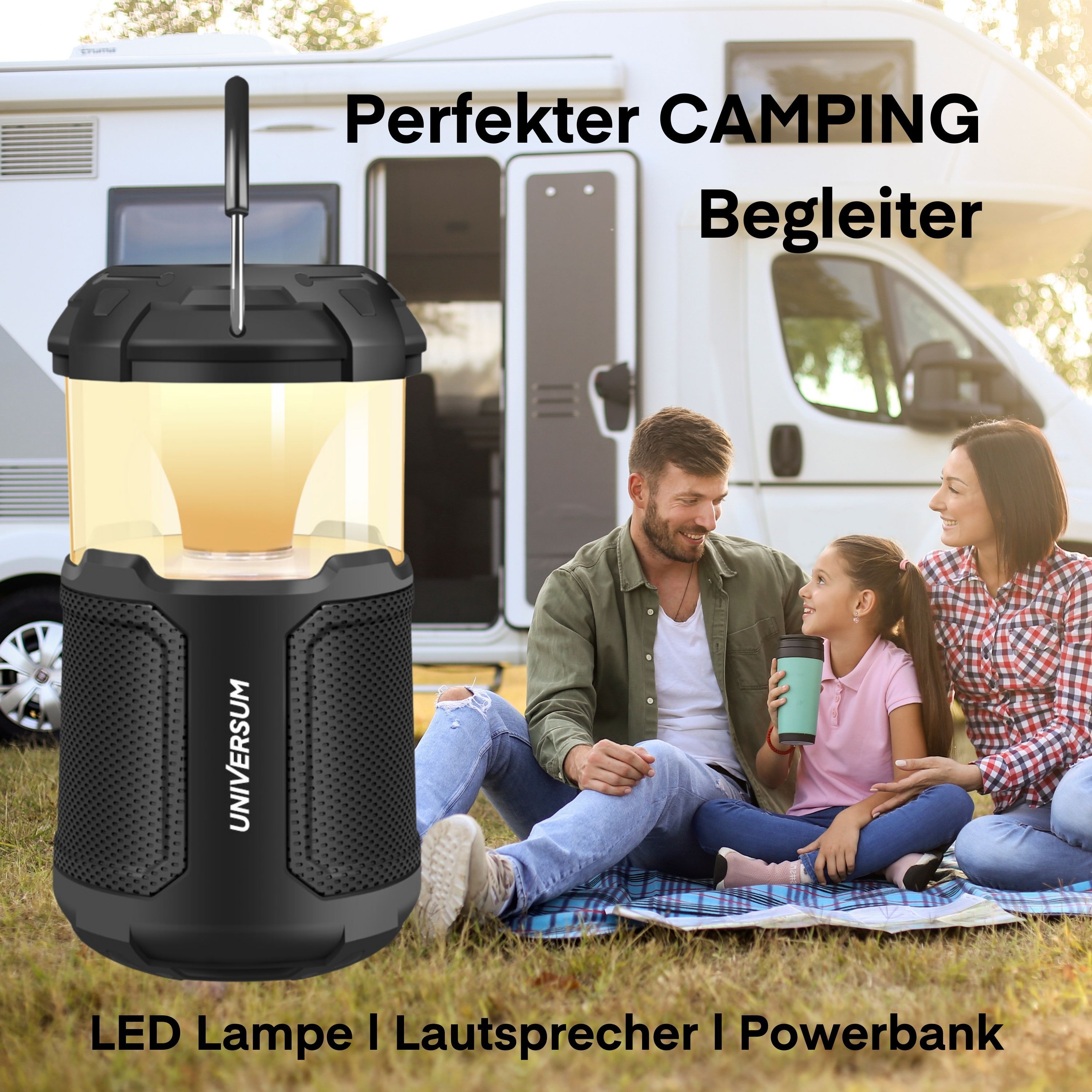 UNIVERSUM BT 300, Outdoor Bluetooth Lautsprecher mit Lampe, 20 Watt, Powerbank, SD-Karte, AUX-IN, 10000mAh Akku, Camping Laterne mit Bluetooth Lautsprecher, LED dimmbar, 2300 LUX, wetterbeständig, robust
