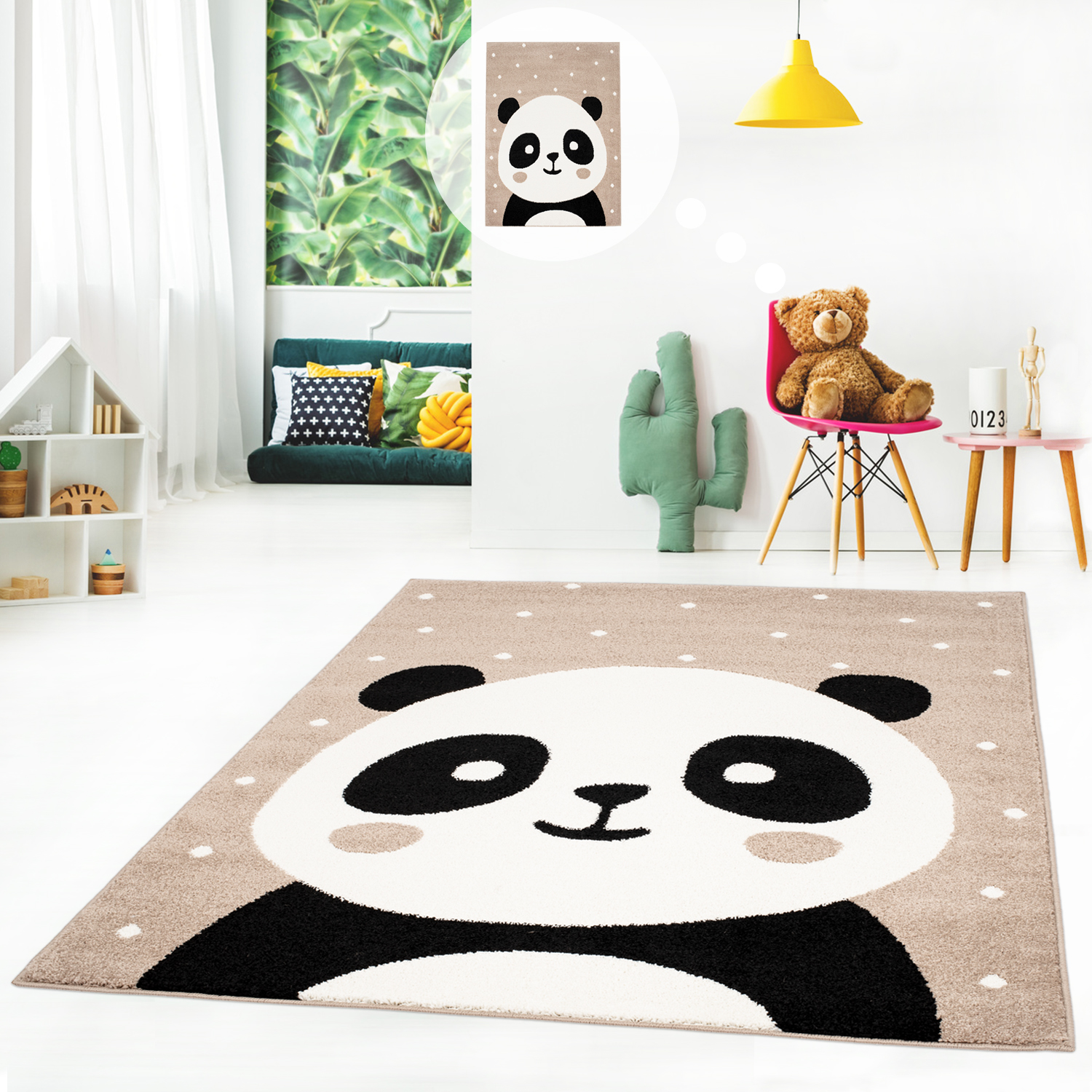 Kinderteppich Kurzflor Spielteppich Teppich Flachflor Farben gepunktet Panda-Bär 3 fürs mit | weiß myshop24 Kinderzimmer in