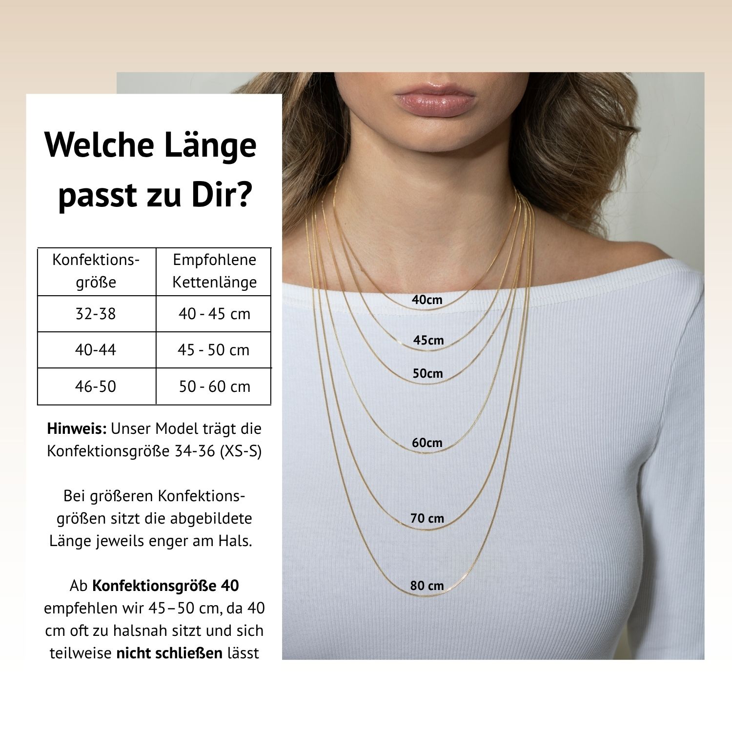 Darstellung aller Kettenlängen mit Empfehlung welche Kettenlänge man bei seiner Konfektionsgröße tragen sollte.