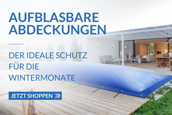 Banner mit einem Pool der mit aufblasbarer Abdeckung abgedeckt ist, im Hintergrund modernes Gartenhaus zum Entspannen, linke Seite Text: Der ideale Schutz für die Wintermonate