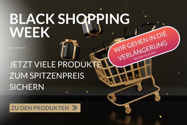 Banner Black Shopping Week, Schwarzer Hintergrund mit Text: Jetzt viele Produkte zum Spitzenpreis sichern, rechte Seite mit Text: Wir gehen in die Verlängerung, noch bis 14.12.