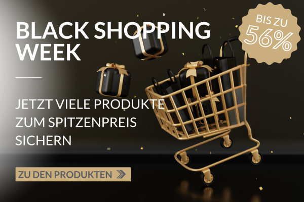 Banner mit Schwarzem Hintergrund, Auf rechten Seite Einkaufswagen mit Badge: Bis zu 56%, Auf linken Seite Text mit: Black Shopping Week, Jetzt viele Produkte zum Spitzenpreis sichern