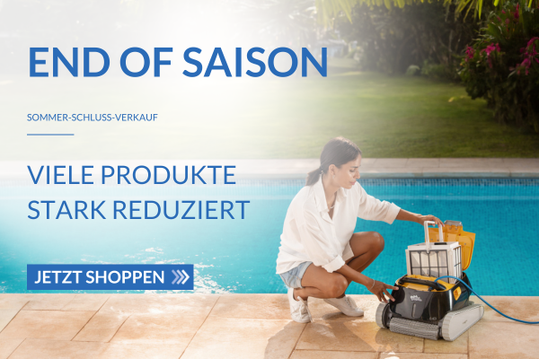 Banner End of Season, rechte Seite von Bild ist Frau mit Poolreiniger am Beckenrand zu sehen, rechte Seite von Bild steht: Sommer-Schluss-Verlauf, Viele Produkte stark reduziert, darunter Butten jetzt shoppen