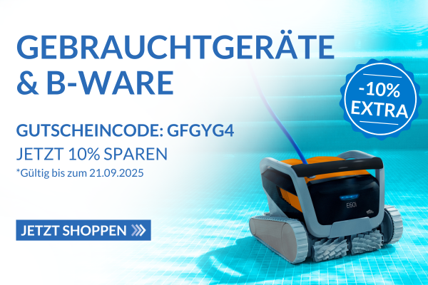 Banner Gebrauchtgeräte und B-Ware, auf Linke Seite Schrift mit 10% Sparen und Rabattcode: GFGYG4, auf rechten Seite Poolroboter im Wasser zu sehen., oberhalb ein Badge mit -10% Extra
