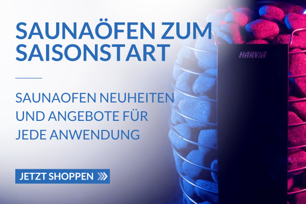 Banner Bild rechts mit Saunaofen Spirit von Harvia in modernem Glow Effekt, links Text mit: Saunaöfen zum Saisonstart, Saunaofen Neuheiten und Angebote für jede Anwendung