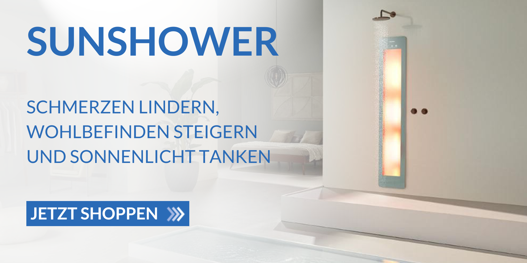 Banner der Sunshower Round, rechte Seite Beispielbild der Sunshower Round an Wand montiert, links Text mit: Schmerzen lindern, Wohlbefinden steigern und Sonnenlicht tanken