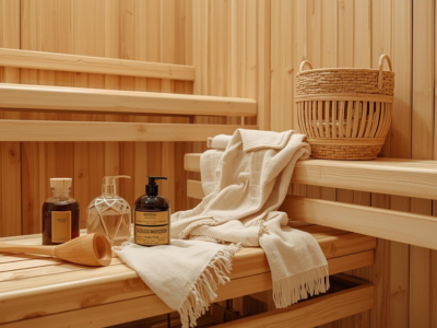 saunazubehoer in einer sauna auf einer saunabank