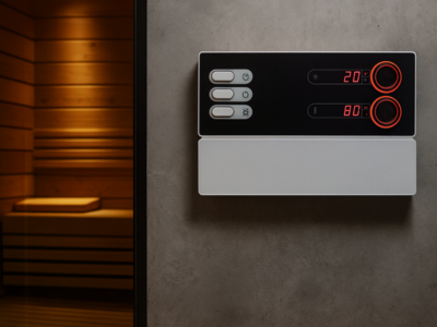 Saunasteuerung an einer Wand haengend vor einer Sauna