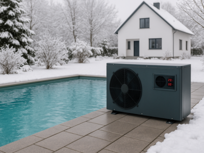Waermepumpe in grau neben einem winterlichen Pool
