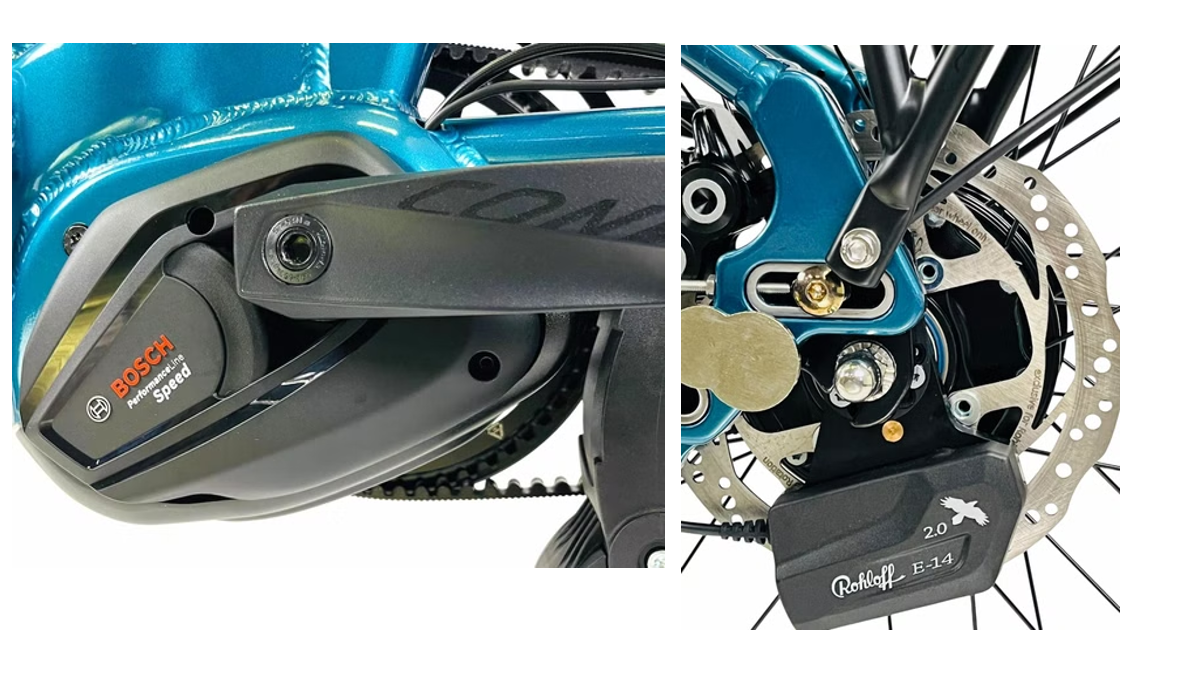 Technische Details des Mobilemaster Falt-S-Pedelec mit Bosch Performance Line Speed Motor und Rohloff E-14 E-Bike-Schaltung.