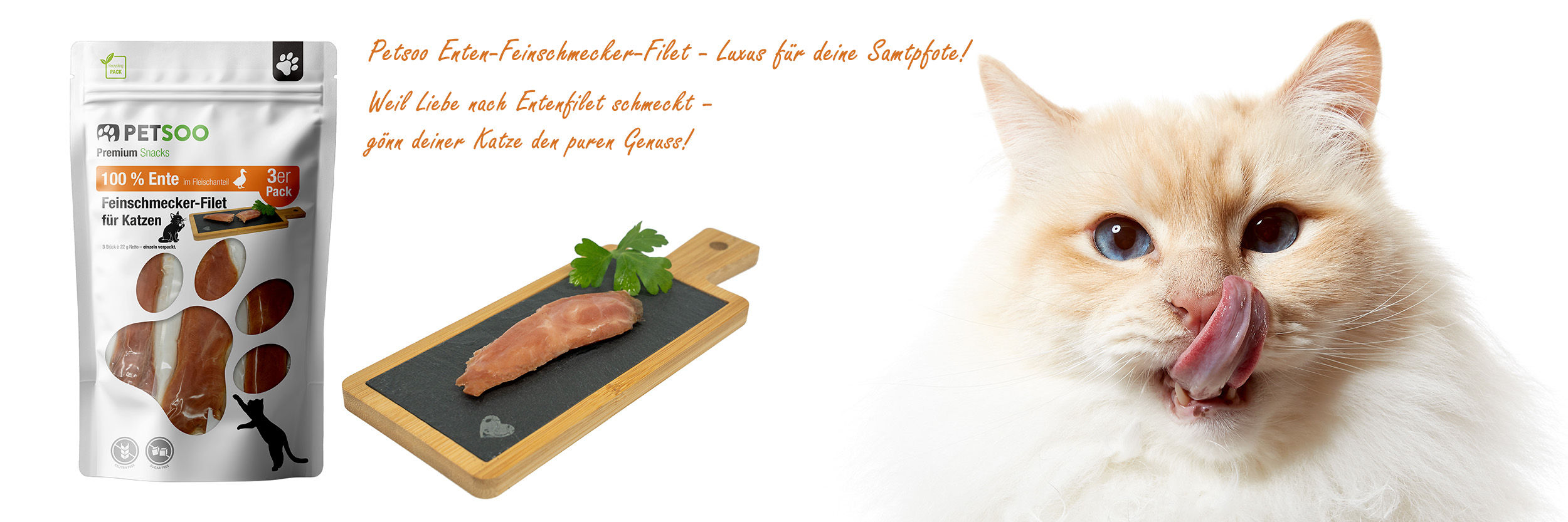     Petsoo Enten-Feinschmecker-Filet für Katzen 3er oder 10er Pack - – Liebe geht durch den Magen deiner Samtpfote!