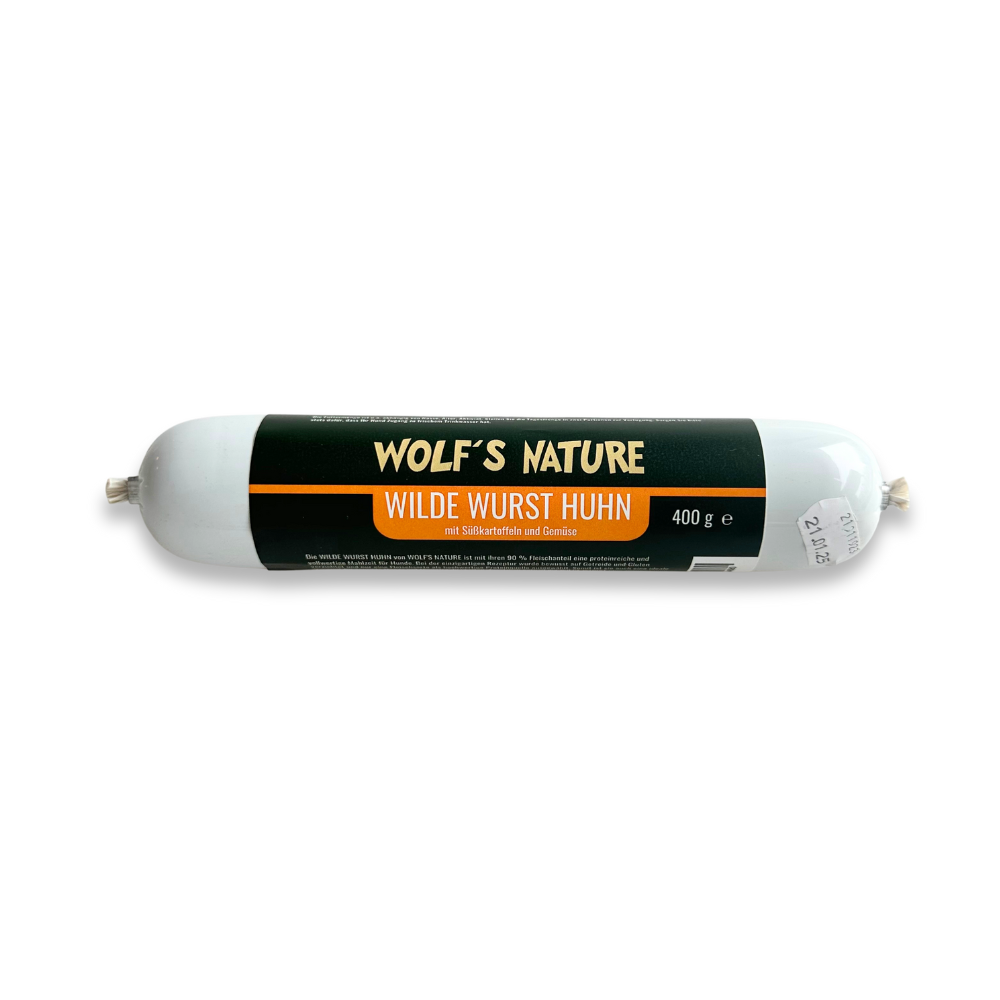 Wolfs Nature  Wilde Wurst Huhn 400g - mit 90% Fleischanteil | PETSOO