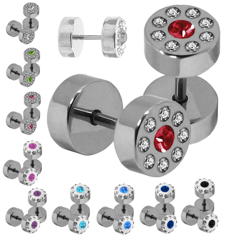 Fakeplugs Ohrstecker Fake Hantel Piercing Ohr Plug Tunnel Weiß Rosa Strass 7mm