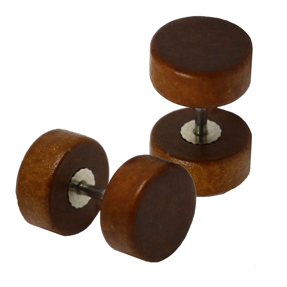 2 Fakeplugs Holz Fake Plug Tunnel Piercing Ohrstecker Beige Braun Button 10 mm - Foto 3 di 3