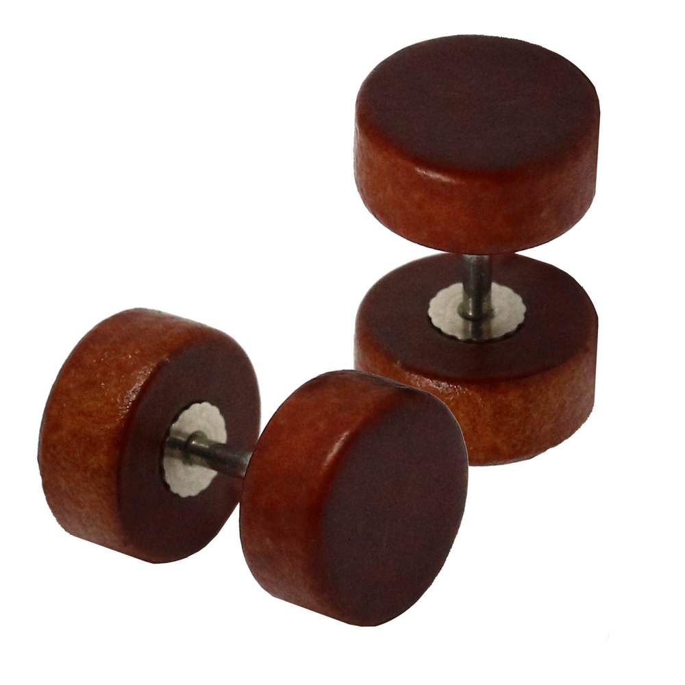 2 Fakeplugs Holz Fake Plug Tunnel Piercing Ohrstecker Beige Braun Button 10 mm - Foto 2 di 3
