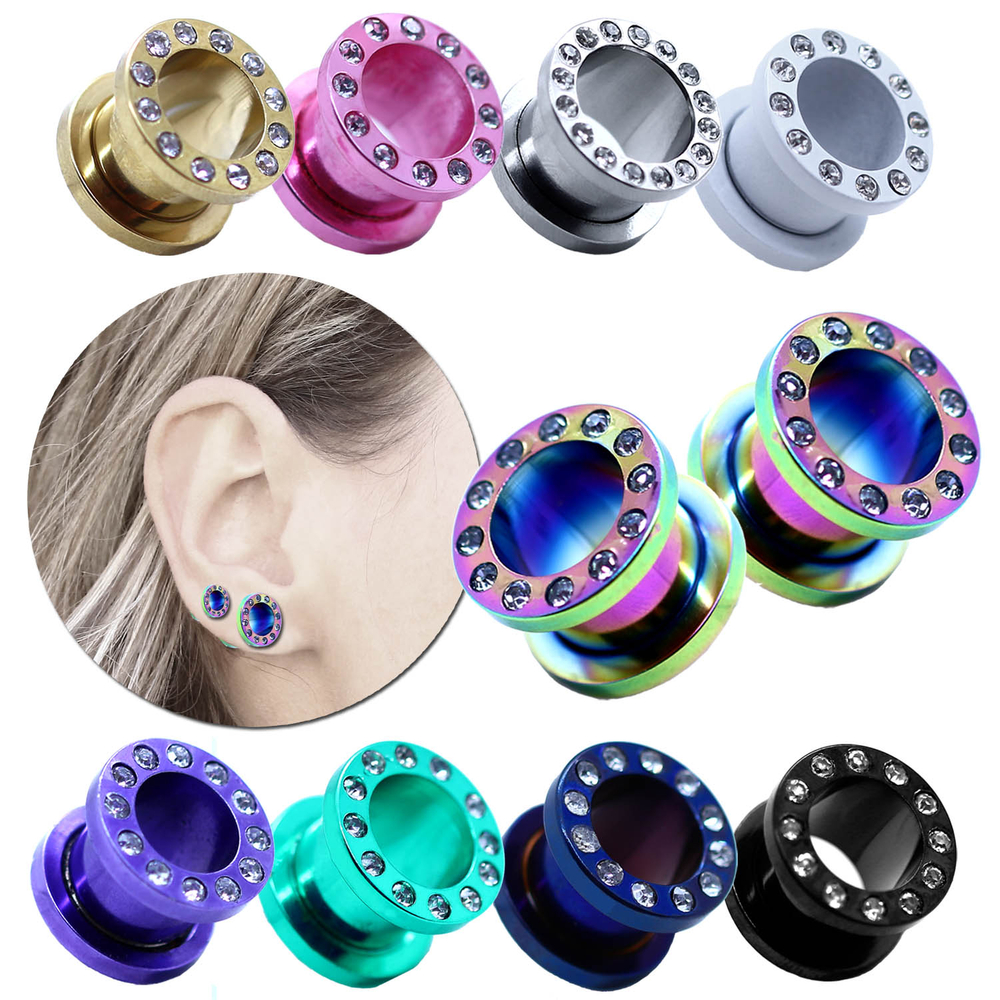 Edelstahl Tunnels Mit Strass Steinen - Schraubtunnel 8-24mm Für Ohrdehner & Piercings