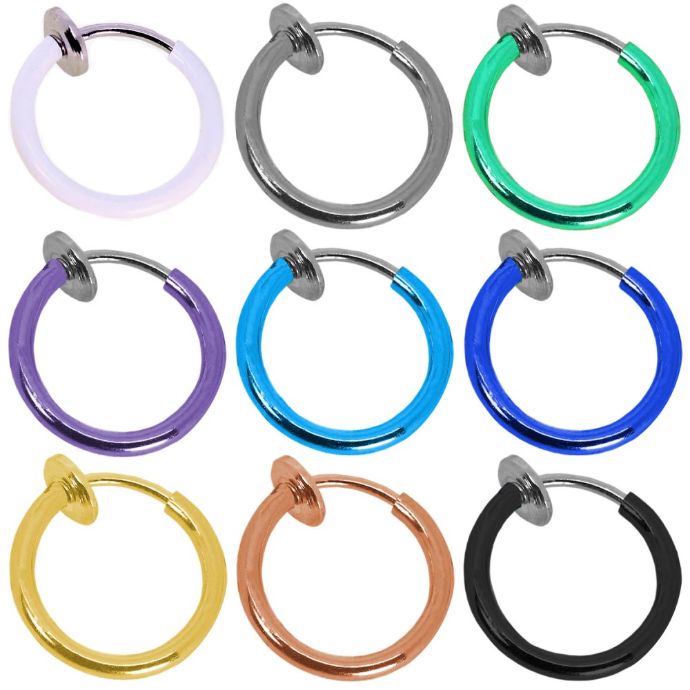 1 FINTO ANELLO NASO NON PIERCING CIONDOLO IN ACCIAIO INOX CLIP ON SEPTUM CLICKER UV-ATTIVO - Foto 12 di 17
