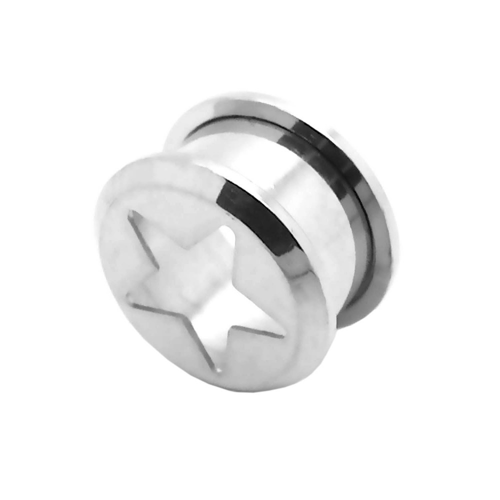 Flesh Tunnel Stainless Steel Plug Ear Piercing Screw Rhinestone Star Dehrod Silver - Picture 41 of 77