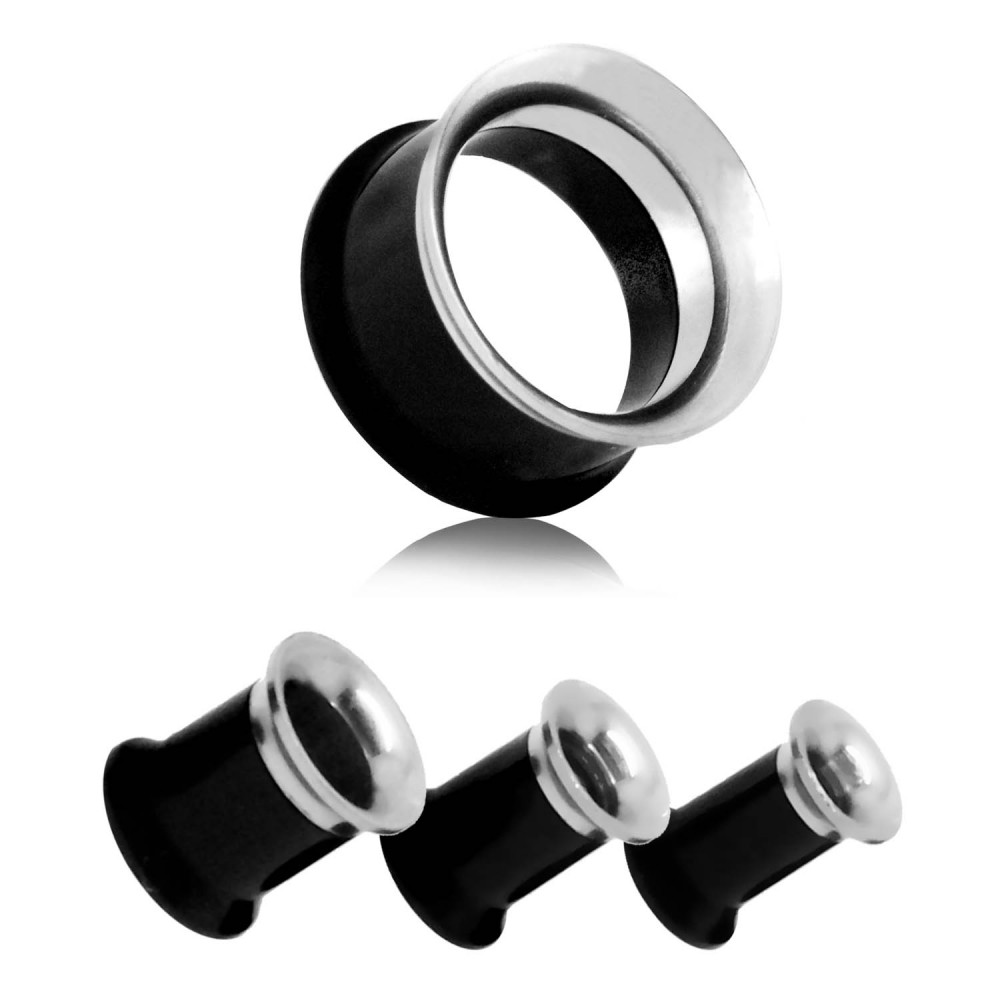 Double Flared Flesh Tunnel Acrylic Steel Plug Piercing Tunnel Set Black Silver - Picture 12 of 15