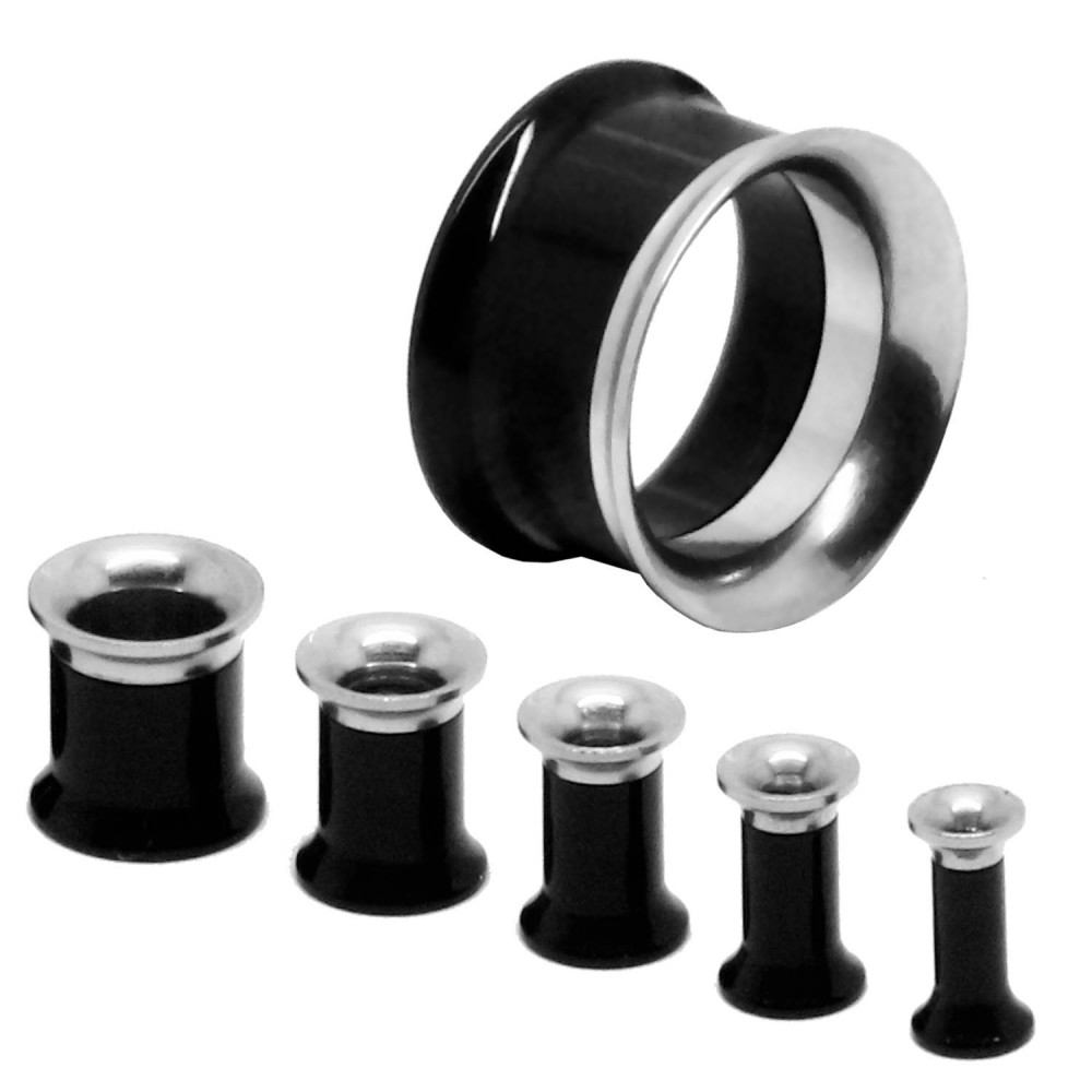 Double Flared Flesh Tunnel Acrylic Steel Plug Piercing Tunnel Set Black Silver - Picture 10 of 15