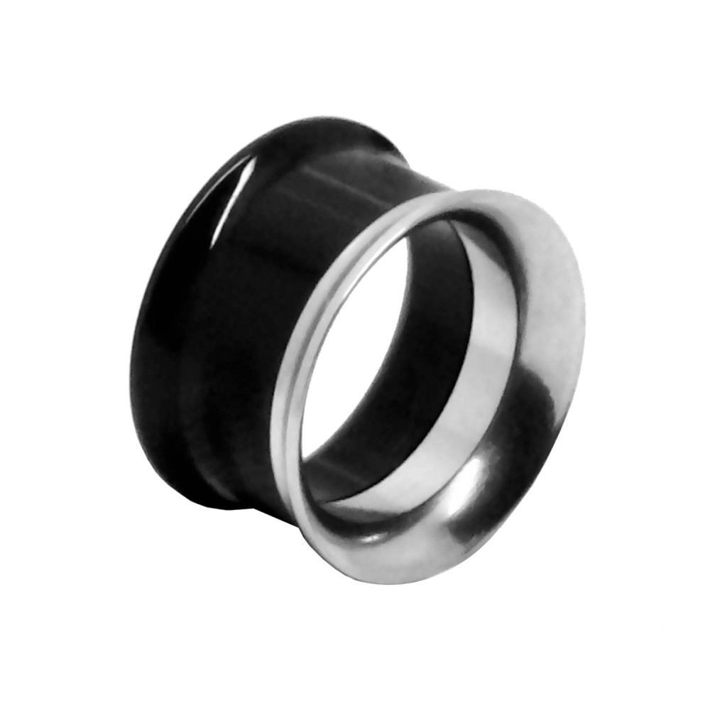 Double Flared Flesh Tunnel Acrylic Steel Plug Piercing Tunnel Set Black Silver - Picture 7 of 15