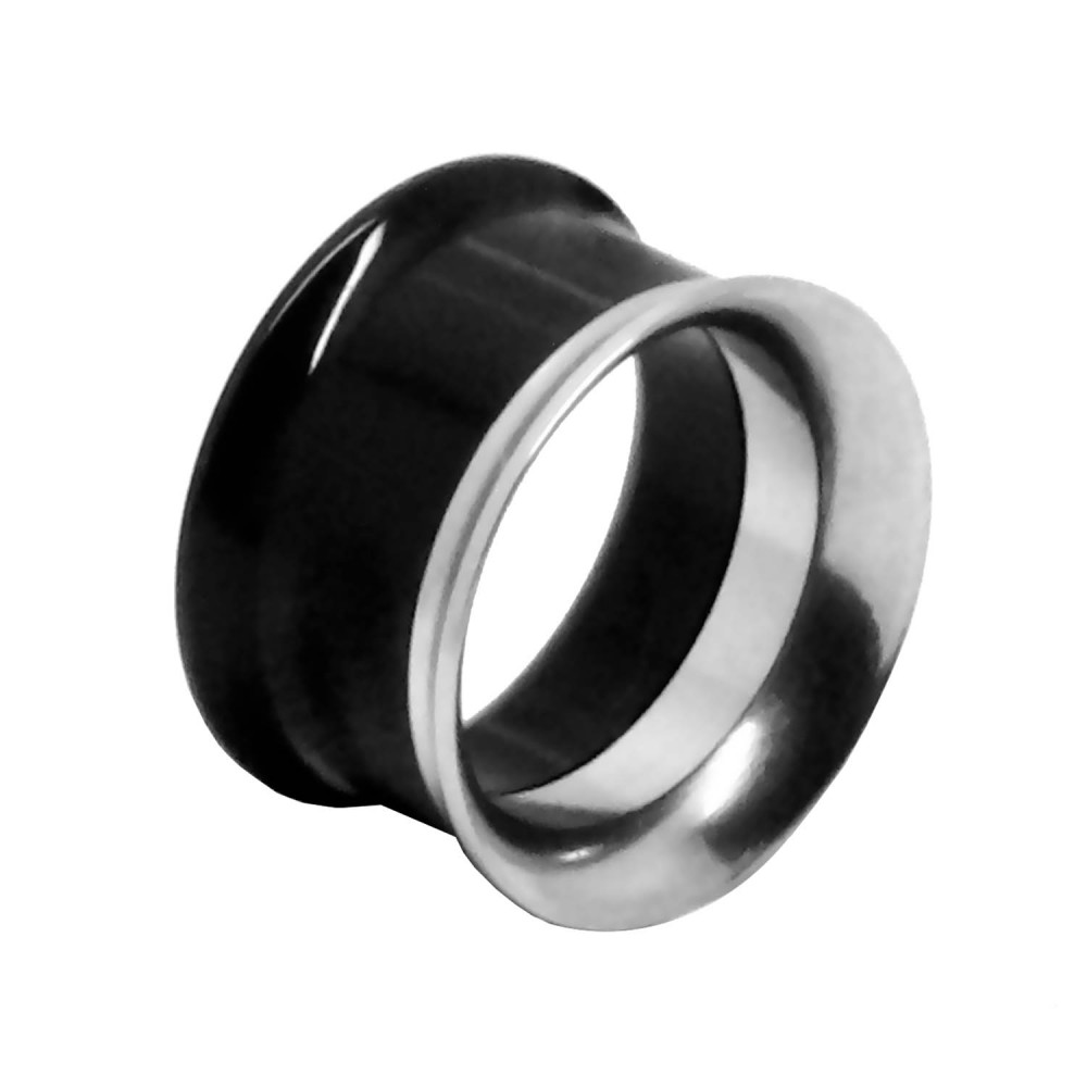 Double Flared Flesh Tunnel Acrylic Steel Plug Piercing Tunnel Set Black Silver - Picture 8 of 15