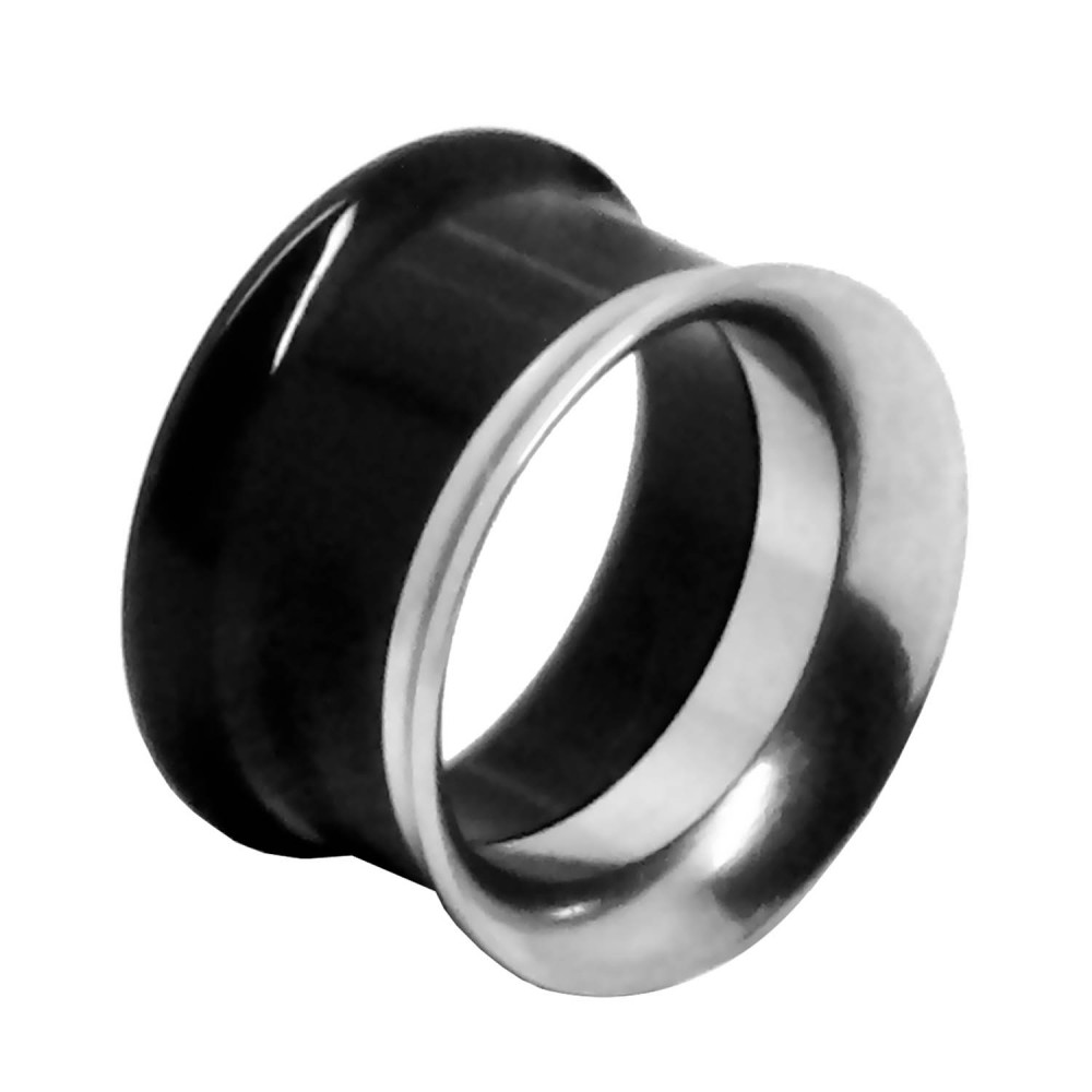 Double Flared Flesh Tunnel Acrylic Steel Plug Piercing Tunnel Set Black Silver - Picture 9 of 15