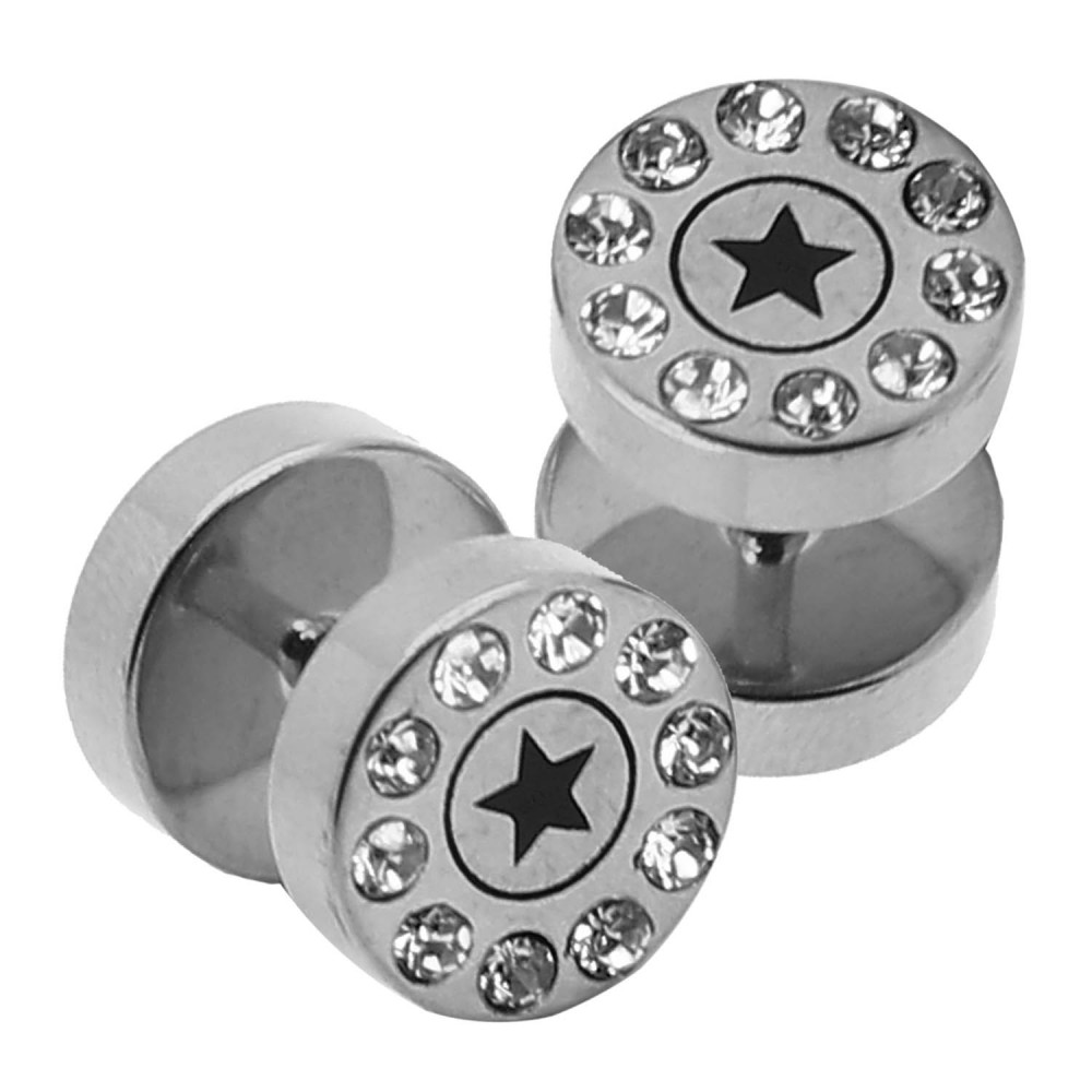 2 Edelstahl Fake Plugs Tunnel Ohrringe Ohrstecker Strass Stern Piercing