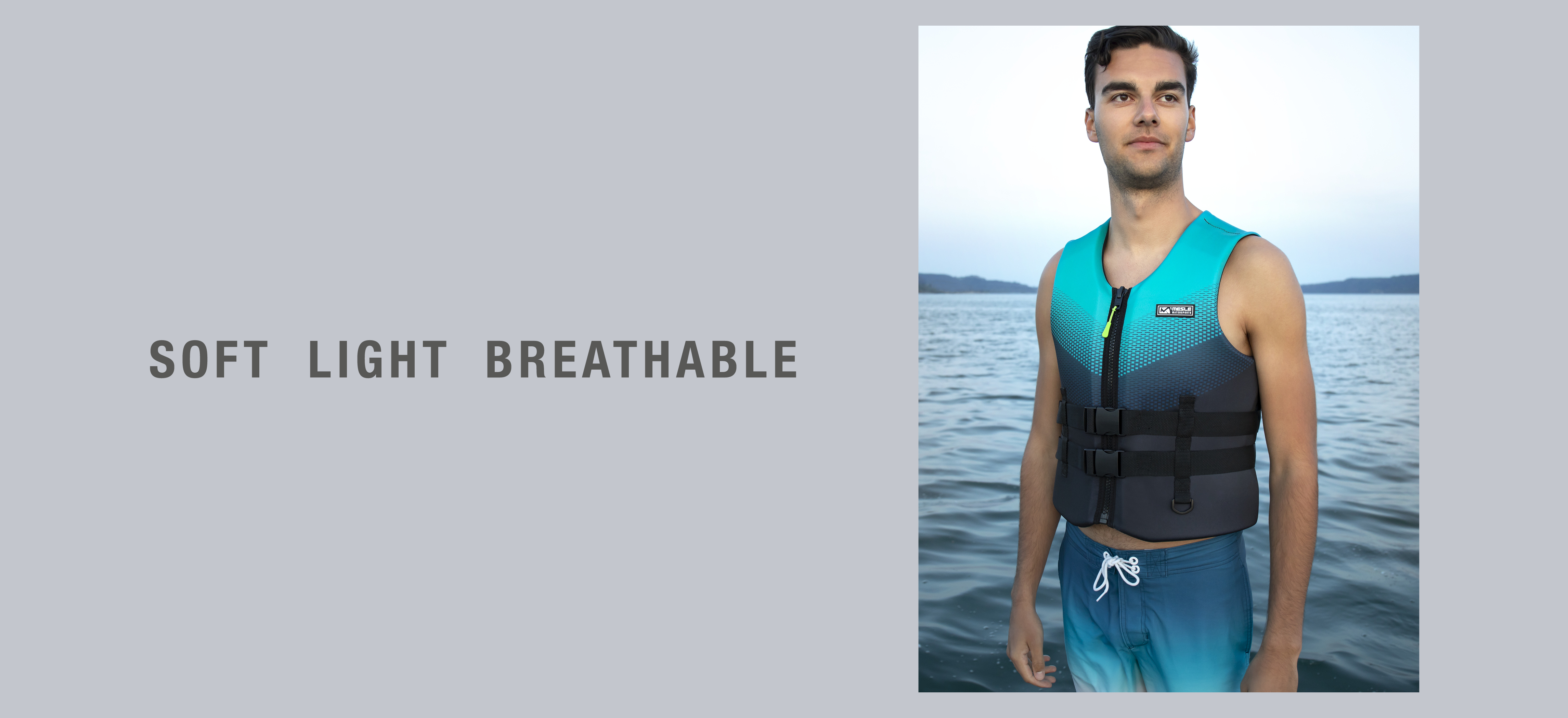 Produktkampagne Mann trägt MESLE NeoLite Schwimmweste NYO 3D Unisex blau