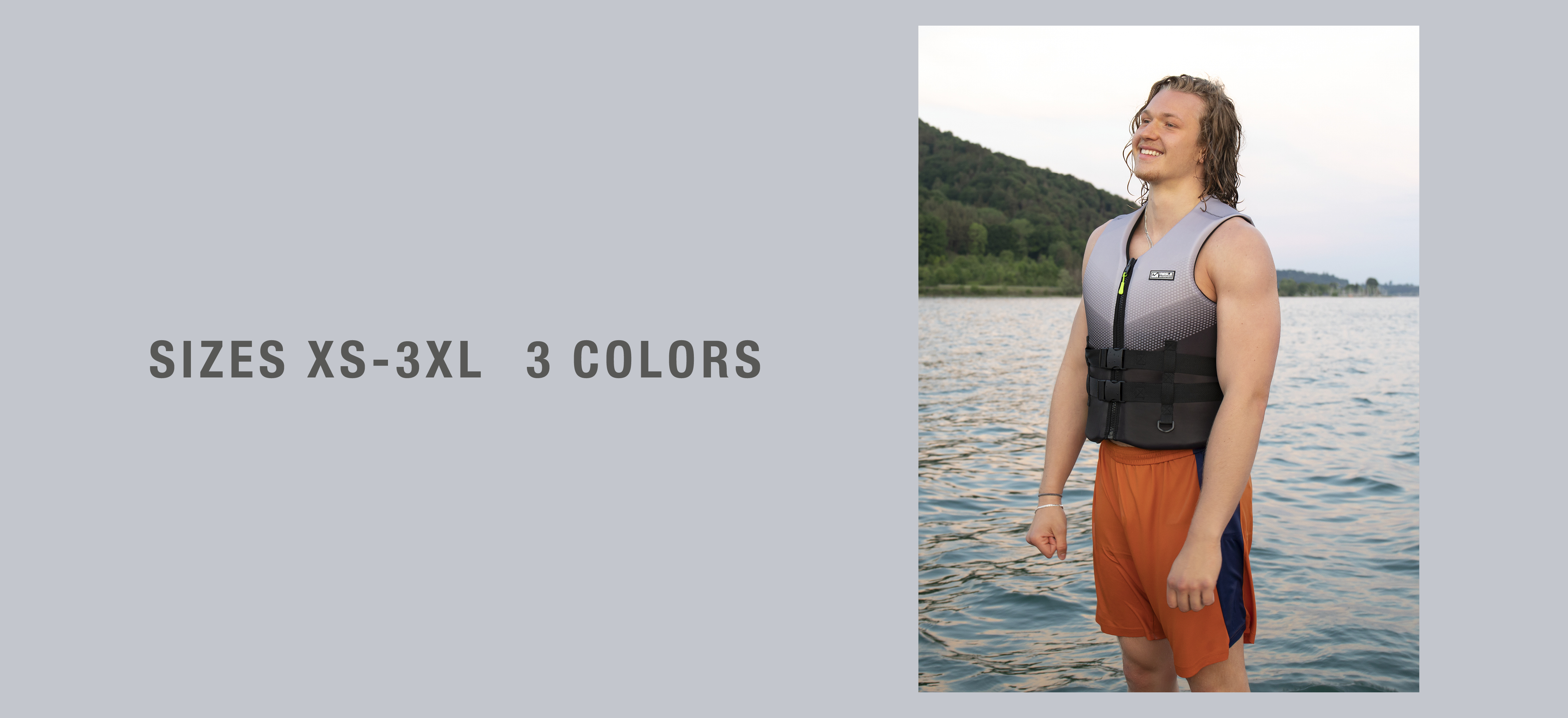 Produktkampagne Mann trägt MESLE NeoLite Schwimmweste NYO 3D Unisex grau