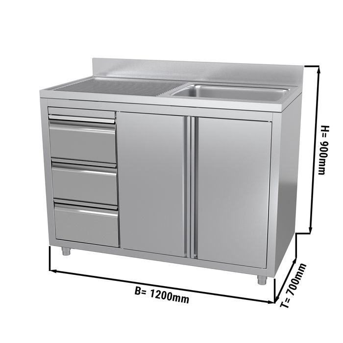 Spülschrank mit 3 Schubladen - 1,2 m - 1 Becken Rechts - mit Aufkantung