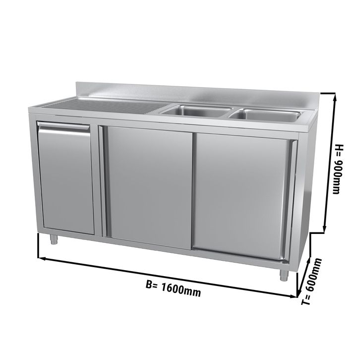 Spülschrank mit Abfallbehälter - 1,6 m - 2 Becken Rechts - mit