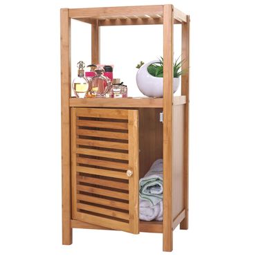Badregal HWC-B18 Bambus Badset Badmöbel Badezimmer Badschrank Badregal mit Tür