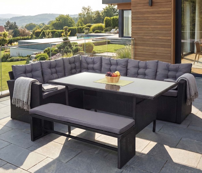 Poly-Rattan-Garnitur, schwarz - Kissen dunkelgrau, mit Bank Poly-Rattan-Garnitur, schwarz - Kissen dunkelgrau, mit Bank