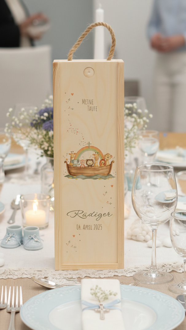Kerzenbox aus hellem Holz mit Arche-Noah-Motiv für Jungen oder Mädchen, auf einem warm dekorierten Tisch.