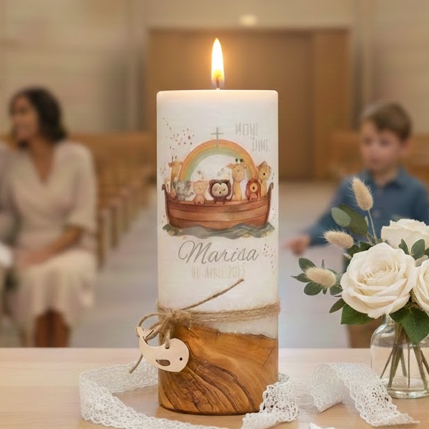 Groß dargestellte Taufkerze mit Arche-Noah-Design auf einem hellen Tisch, umrahmt von zarten Blumen.