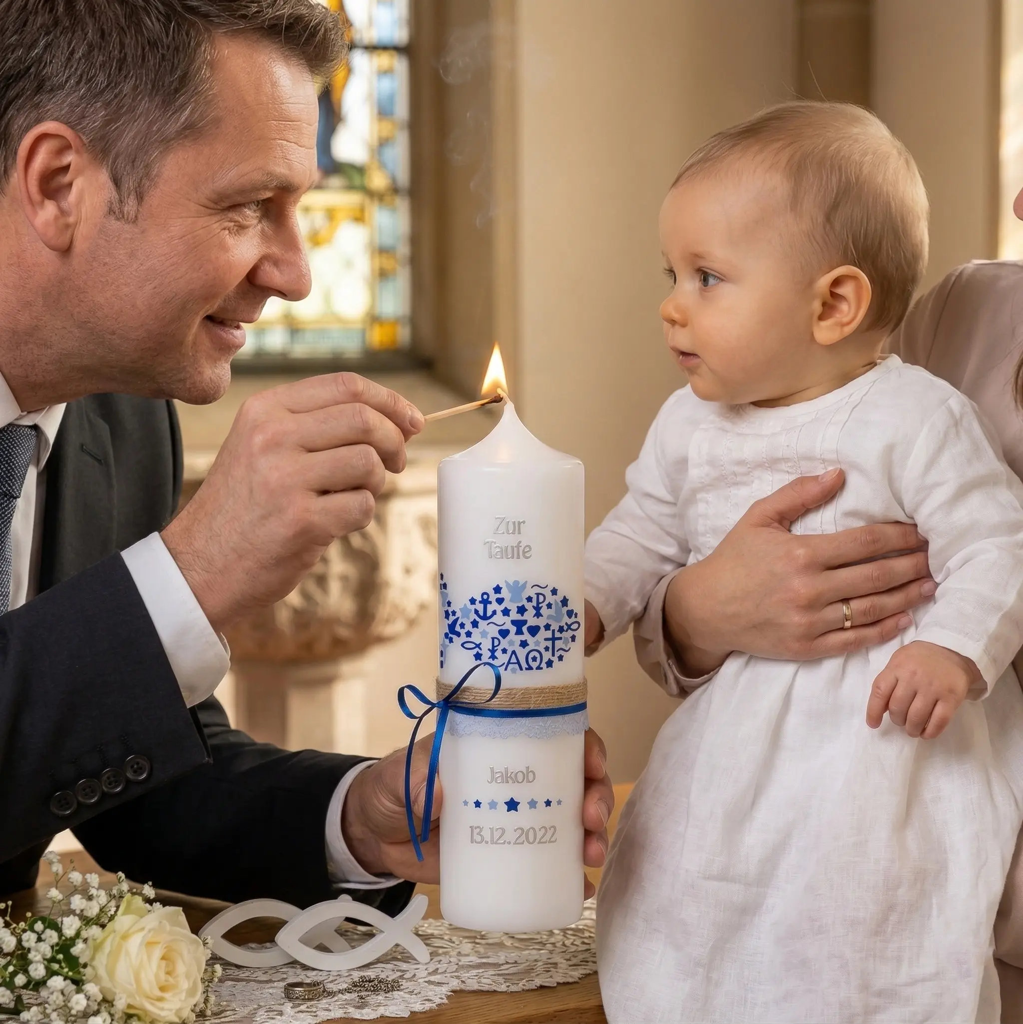 Taufkerze Junge Symbole fisch kreuz engel sterne anker 