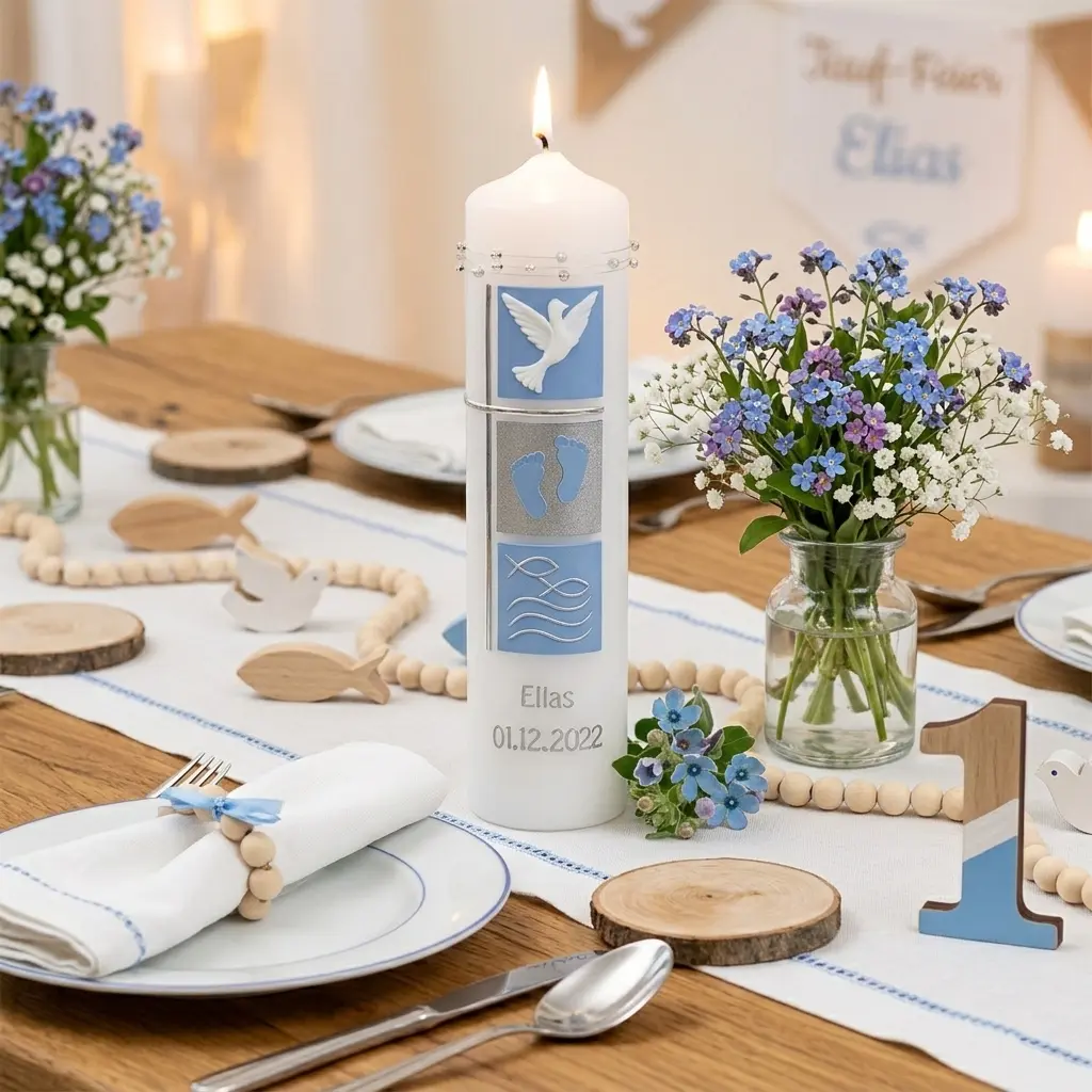 Taufkerze Junge Kreuz Fische wellen taube und füßchen