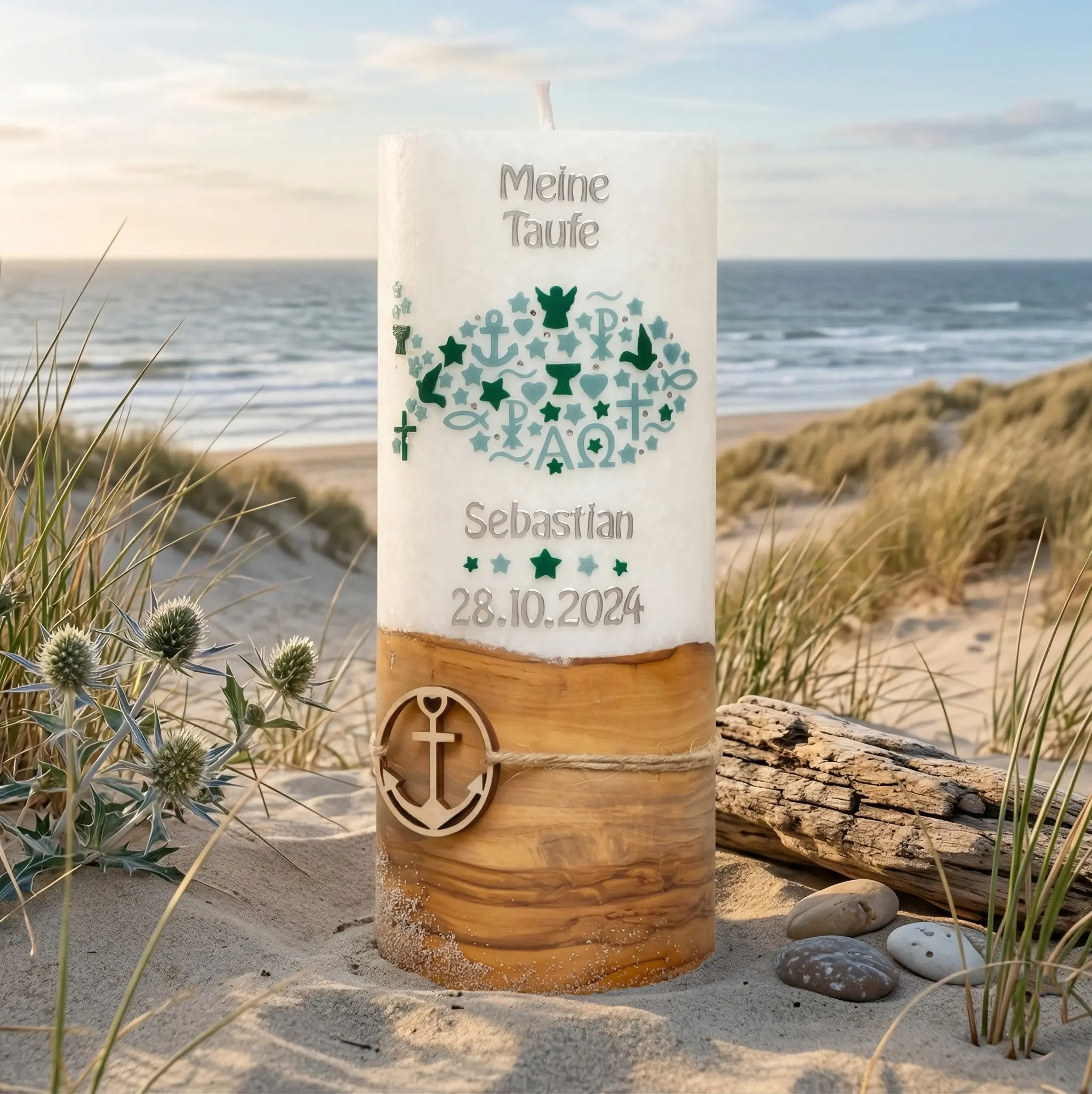 Taufkerze Junge maritim mit fisch in grün und silber