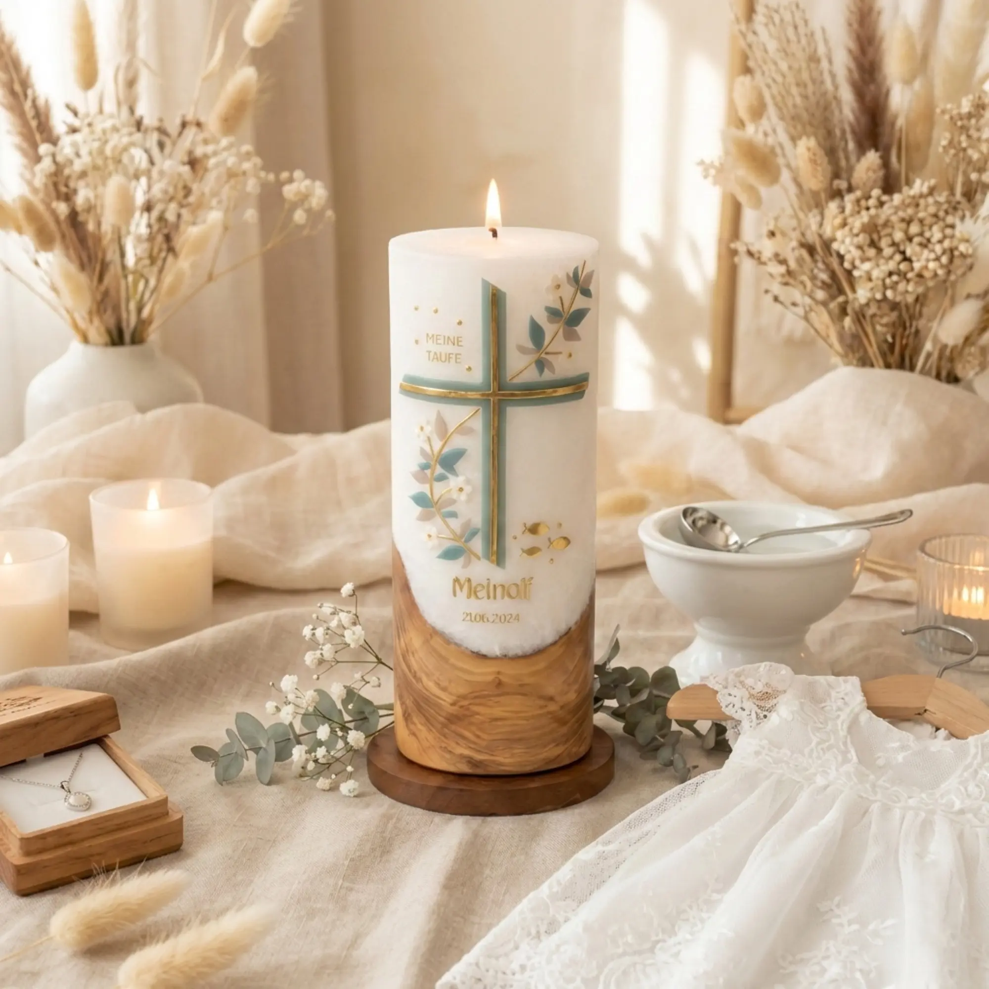 Taufkerze Eukalyptus Boho Stil handverziert mit Ranken und Kreuz