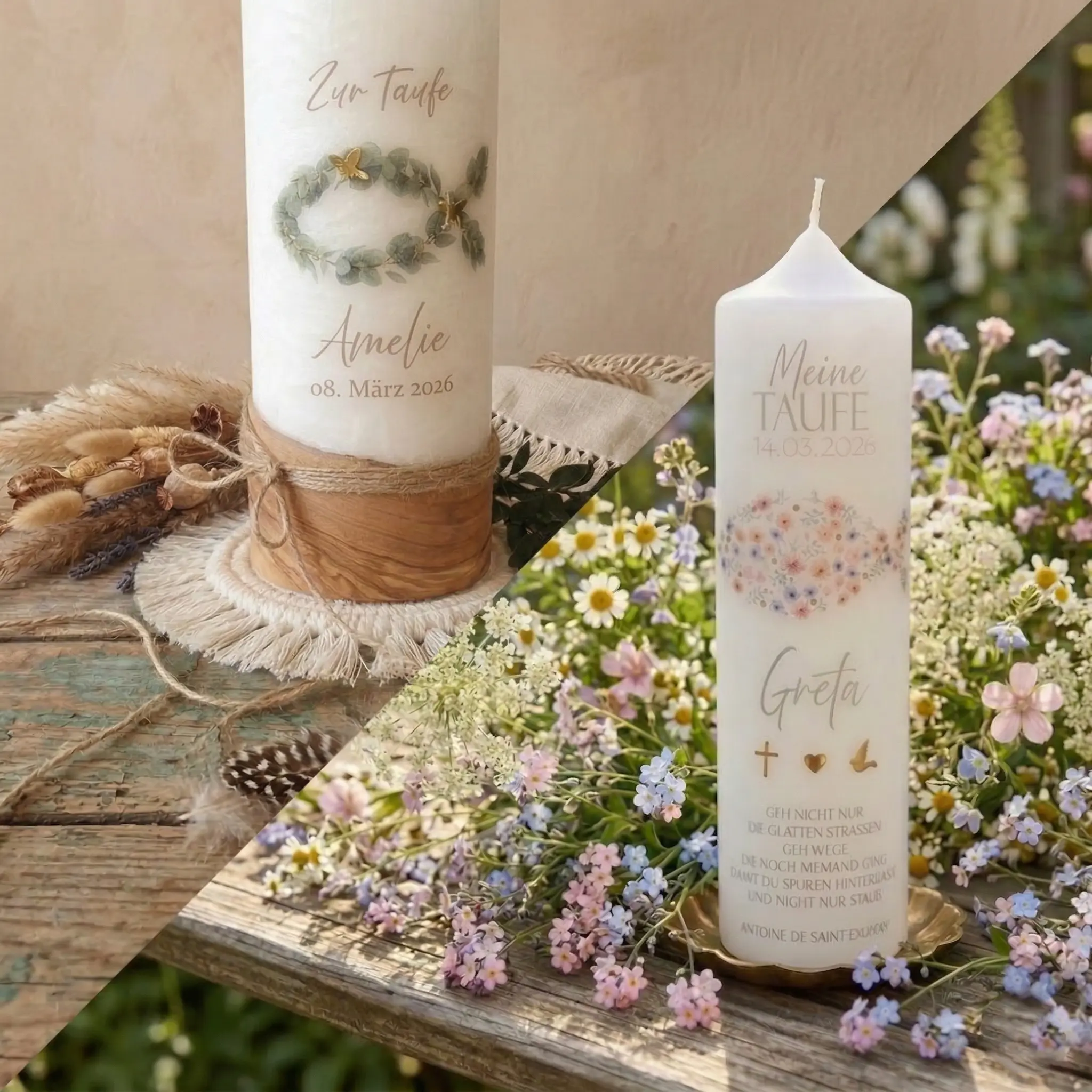 Taufkerze Eukalyptus mit Fisch und Kreuz floral personalisiert