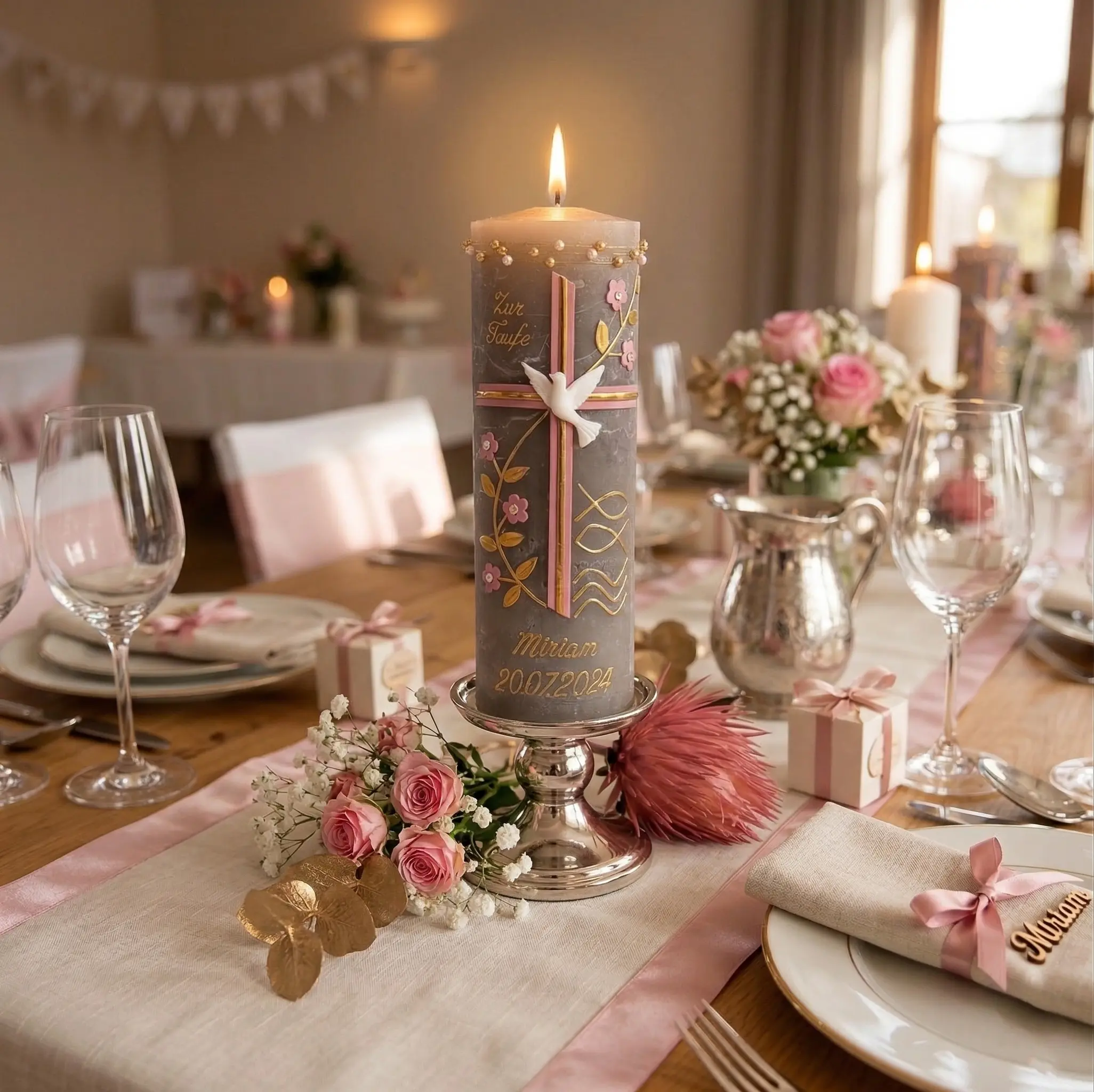 Taufkerze Ranken rosa kreuz gold handverziert
