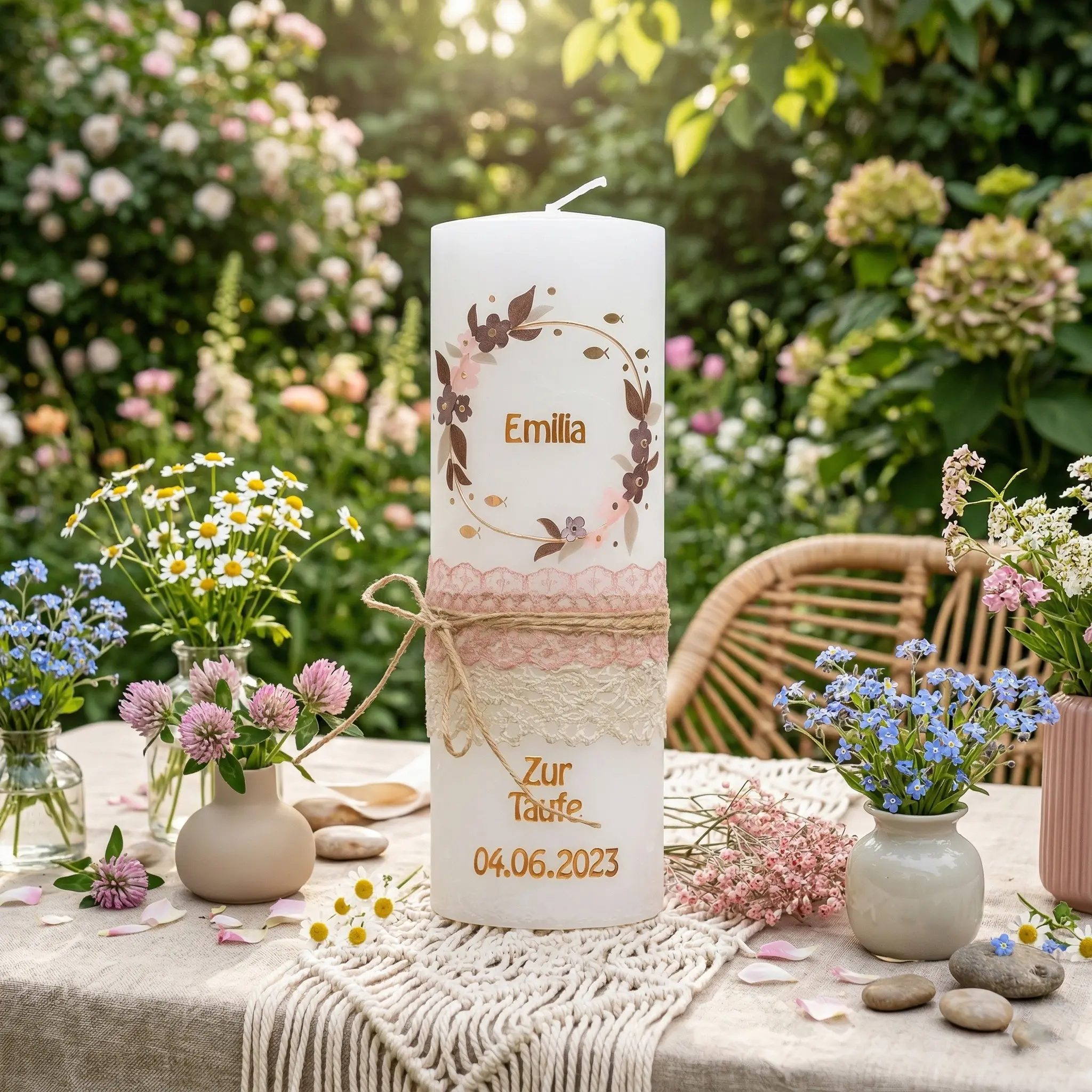 Taufkerze rosegold Kranz handverziert für Mädchen