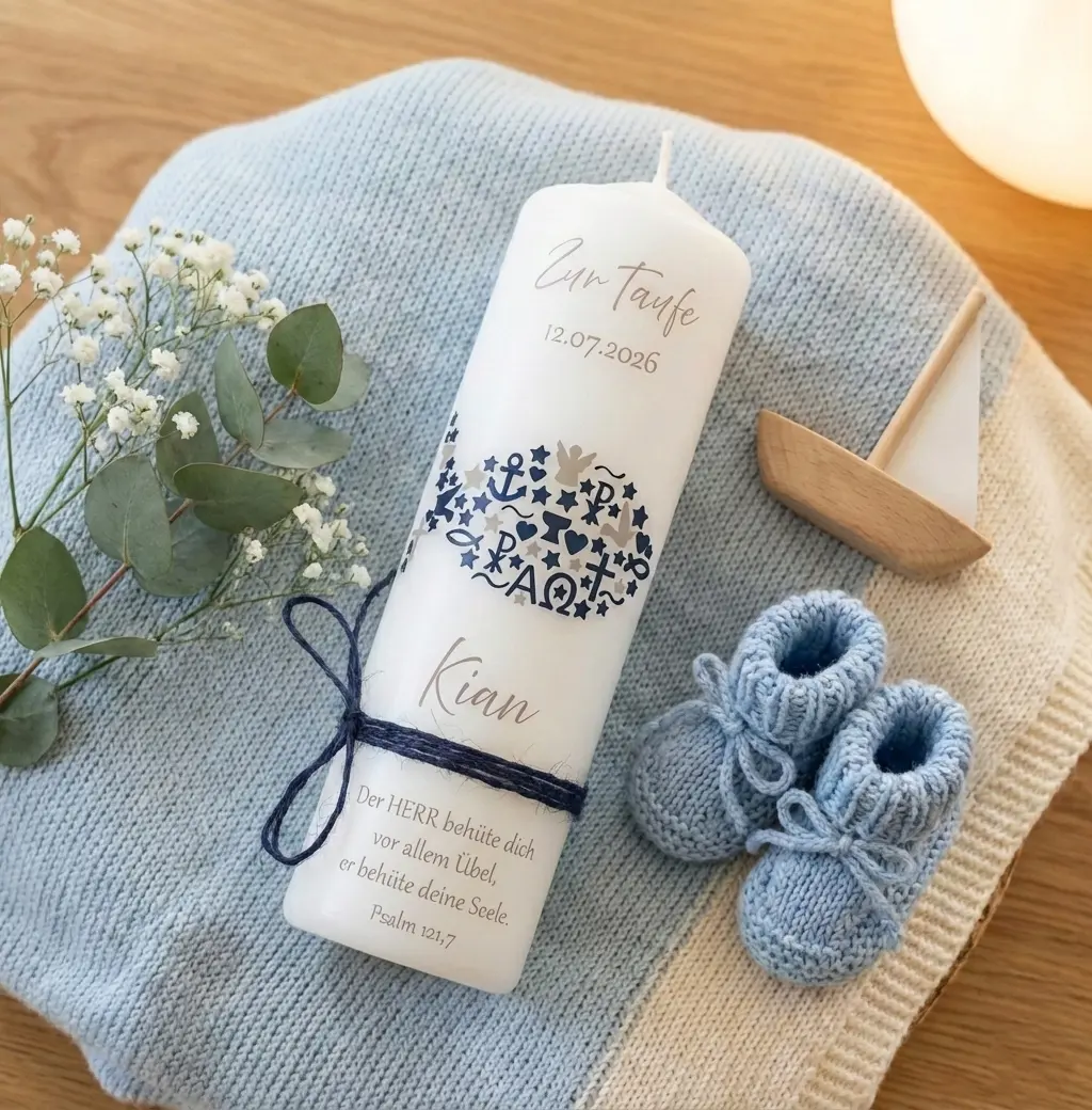 Taufkerze maritim mit fisch handverziert für Jungen