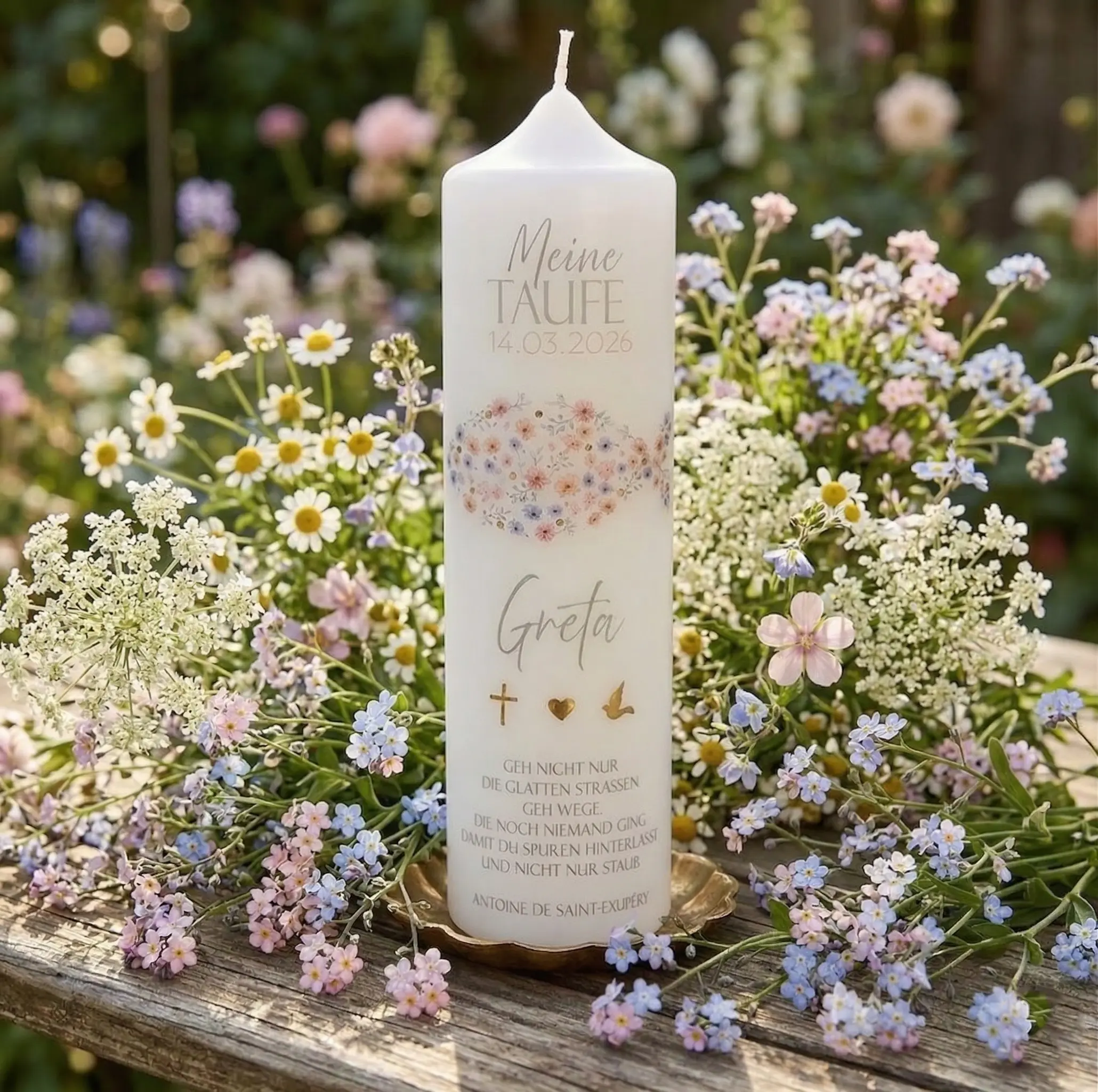 Taufkerze Fisch Ichthys christliches Symbol blumen