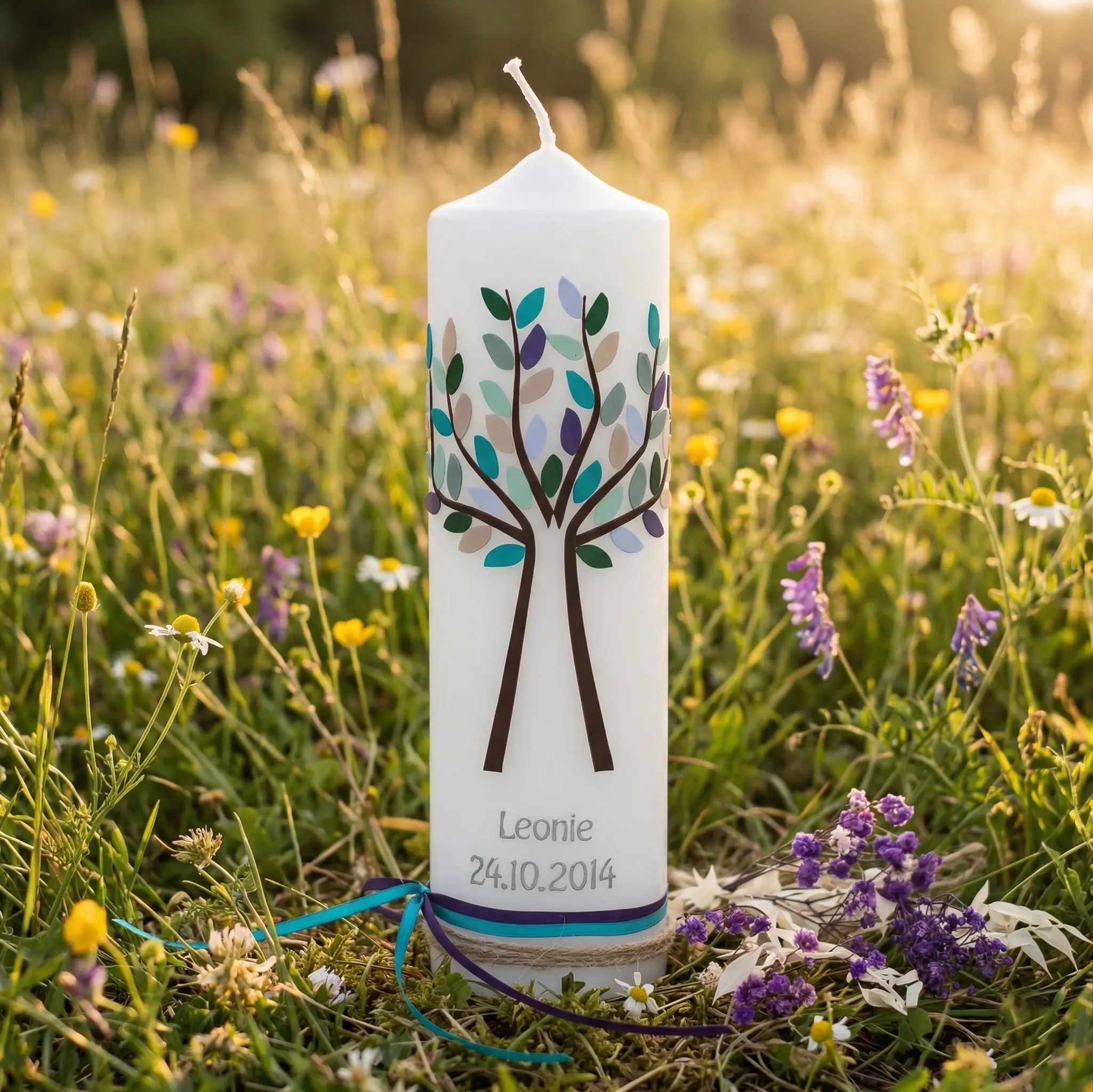 Taufkerze Lebensbaum Junge blau grün Eukalyptus handverziert